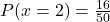  P(x=2) = \frac{16}{50}