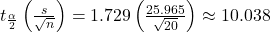 {t}_{\frac{\alpha }{2}}\left(\frac{s}{\sqrt{n}}\right)=1.729\left(\frac{25.965}{\sqrt{20}}\right) \approx 10.038