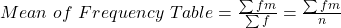 \text{}Mean\text{ }of\text{ }Frequency\text{ }Table = \frac{\sum fm}{\sum f}=\frac{\sum fm}{n}