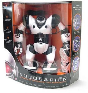  A photograph of a Robosapien, similar to the one pictured in figure 14.1, in its original packaging on a white background. The front of the package says “Robosapien; A Fusion of Technology and Personality.”