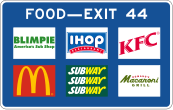 A picture of a blue interstate sign, labeled “Food - Exit 44.” The sign features six different fast food logos in two rows, each row containing three logos. In order from left to right, starting with the first row: Blimpie, IHOP, KFC, McDonalds, Subway, and Romano’s Macaroni Grill.
