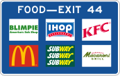  A picture of a blue interstate sign, labeled “Food - Exit 44.” The sign features six different fast food logos in two rows, each row containing three logos. In order from left to right, starting with the first row: Blimpie, IHOP, KFC, McDonalds, Subway, and Romano’s Macaroni Grill. 