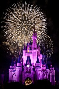  A photograph of the Disney castle at night. The castle is lit up in purple lights. Two white fireworks have exploded behind the castle. 