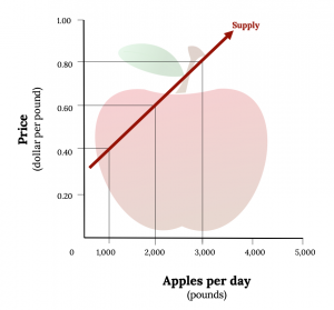 In the background is an apple. In the foreground is an x,y plot displaying the supply curve. The curve is a straight, positive line. Three dashed line sets show points of intersection from the y-axis to the x-axis. The first dashed line set extends from 0.80 on the y-axis to the curve, then from the curve to 3,000 on the x-axis. The second dashed line set extends from 0.60 on the y-axis to the curve, then from the curve to 2,000 on the x-axis. The third dashed line set extends from 0.40 on the y-axis to the curve, then from the curve to 1,000 on the x-axis.