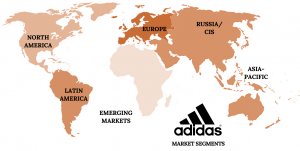 A map of the world showing locations of Adidas geographic divisions. The Adidas logo sits in the bottom right corner. Names of each division are listed on their location on the map: North America, Latin America, Europe, Russia/CIS, and Asia-Pacific. The region “Emerging Markets” is listed near the bottom left of the map over the ocean.