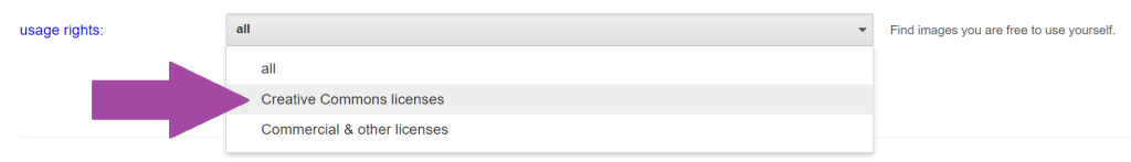 Dropdown box with options: all, creative commons licenses, commercial & other licenses