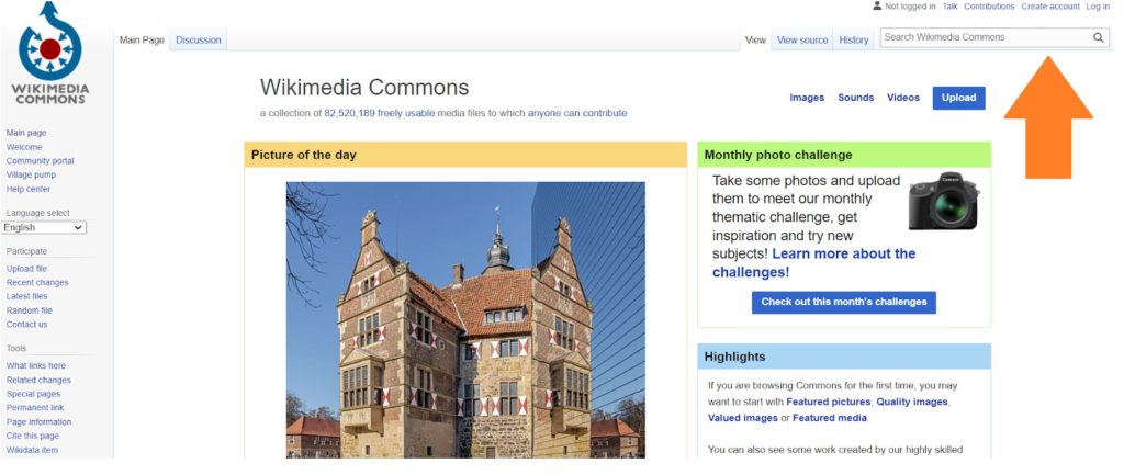 Wikimedia Commons website with a search bar in the upper right hand corner