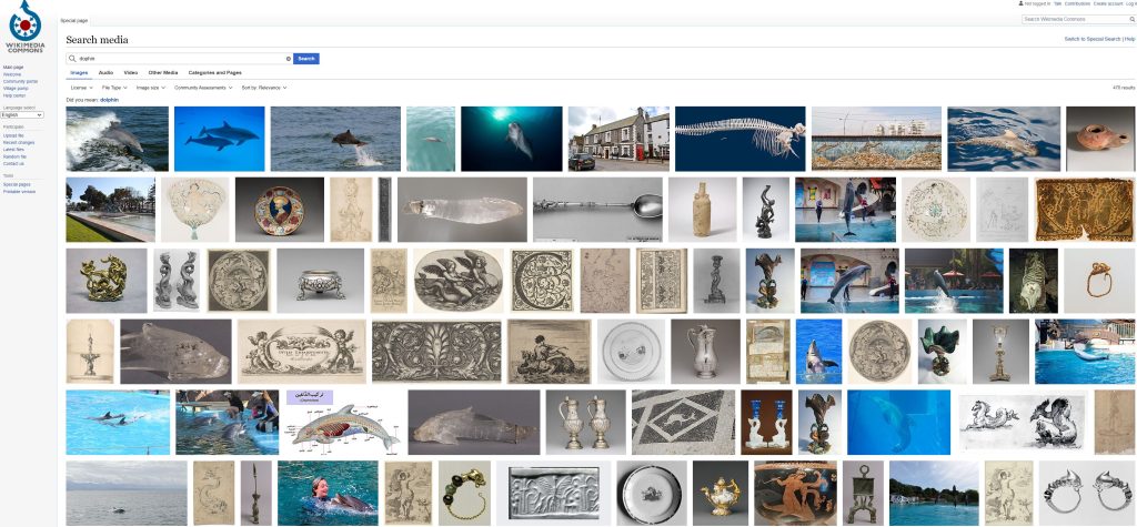 Wikimedia Commons results after searching "dolphin". Hundreds of pictures are surfaced.