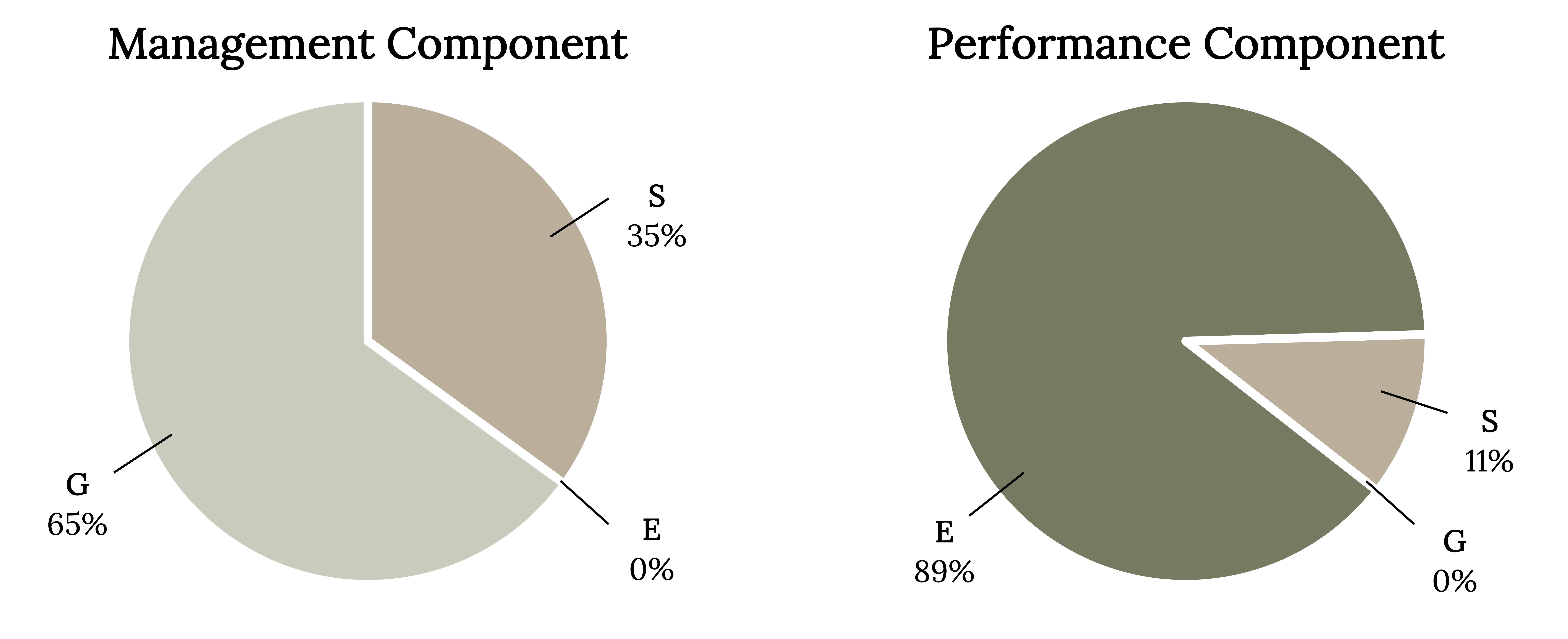 2 pie charts. Left: Management component (E is 0%, S is 35%, G is 65%). Right: Performance component (E is 89%, S is 11%, G is 0%).