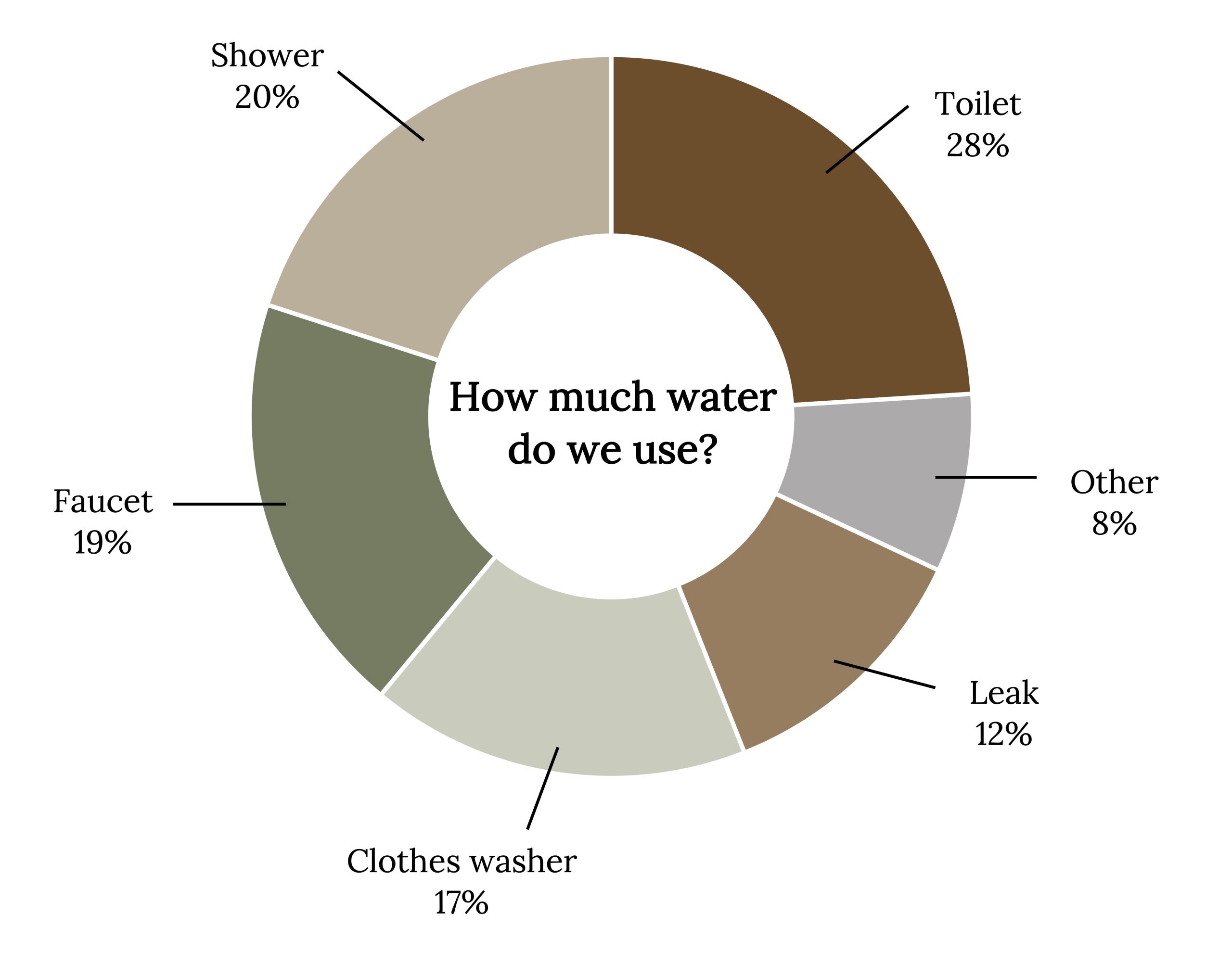 How much water do we use? Pie chart. Toilet: 28%, leak: 12%, clothes washer: 17%, faucet: 19%, shower: 20%, other: 8%.