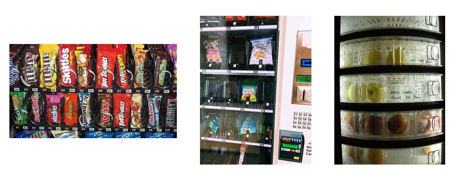 Three vending machines. Left: candy, chips. MIddle: fruit gummies, pita chips. Right: bananas, apples.