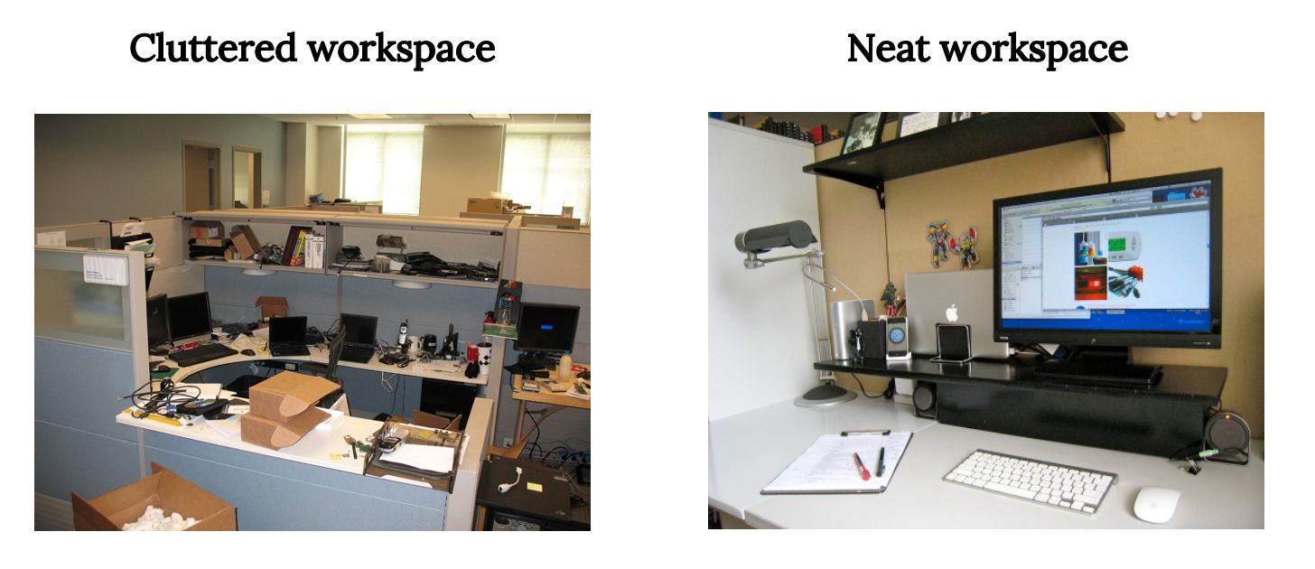 Left: A desk within a cubicle is cluttered with piles of cords, boxes and other objects. Right: The desk is organized and neat.