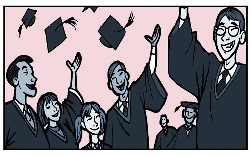 Seven smiling cartoon graduates wearing their gowns and throwing caps in the air.