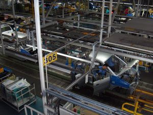 Two workers assempling a car on an assembly line at Hyundai Motor Company’s car factory in South Korea.