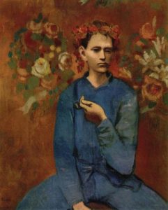 Picasso painting of a young boy sitting on a stool with a flower crown on his head, smoking a pipe.