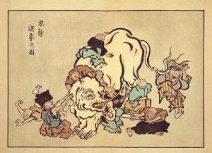 Japanese art on a tan canvas. The picture depicts blind monks examining an elephant. Each man reaches a different conclusion based on which part of the elephant he has examined.