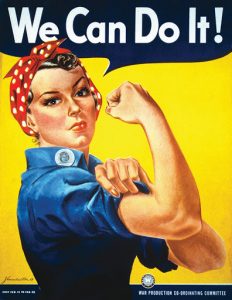 Famous Rosie the Riveter poster with a yellow background. Rosie is flexing her arm muscles, wearing a red bandana, and saying 'We Can Do It!"