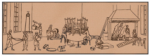 Simple tan and black graphic showing differnt people working on different things. Some people are by a well, some are by a fire, and some are weaving clothing.