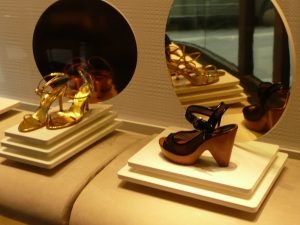 Two pairs of well-made high heeled shoes on display in Milan.