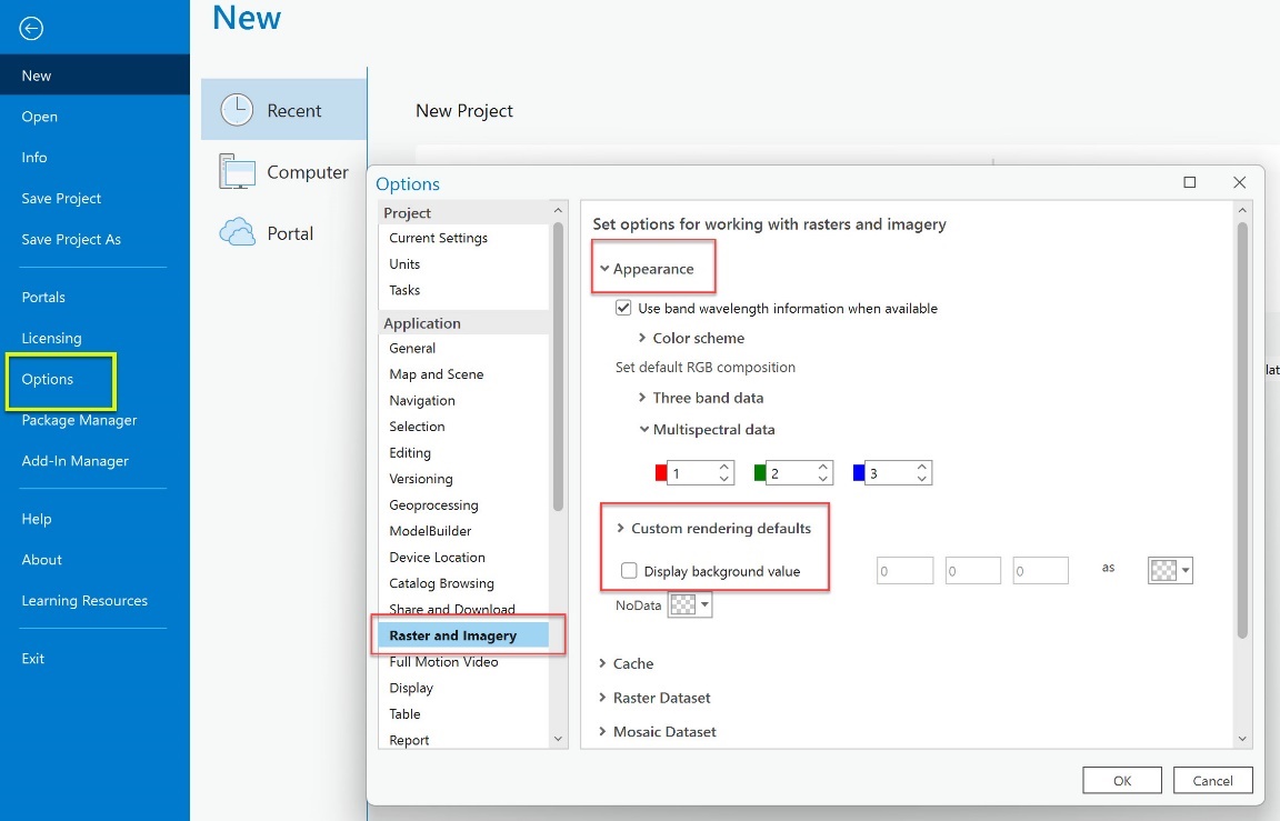 A screenshot of the dialog box for changing options on multi-band images.