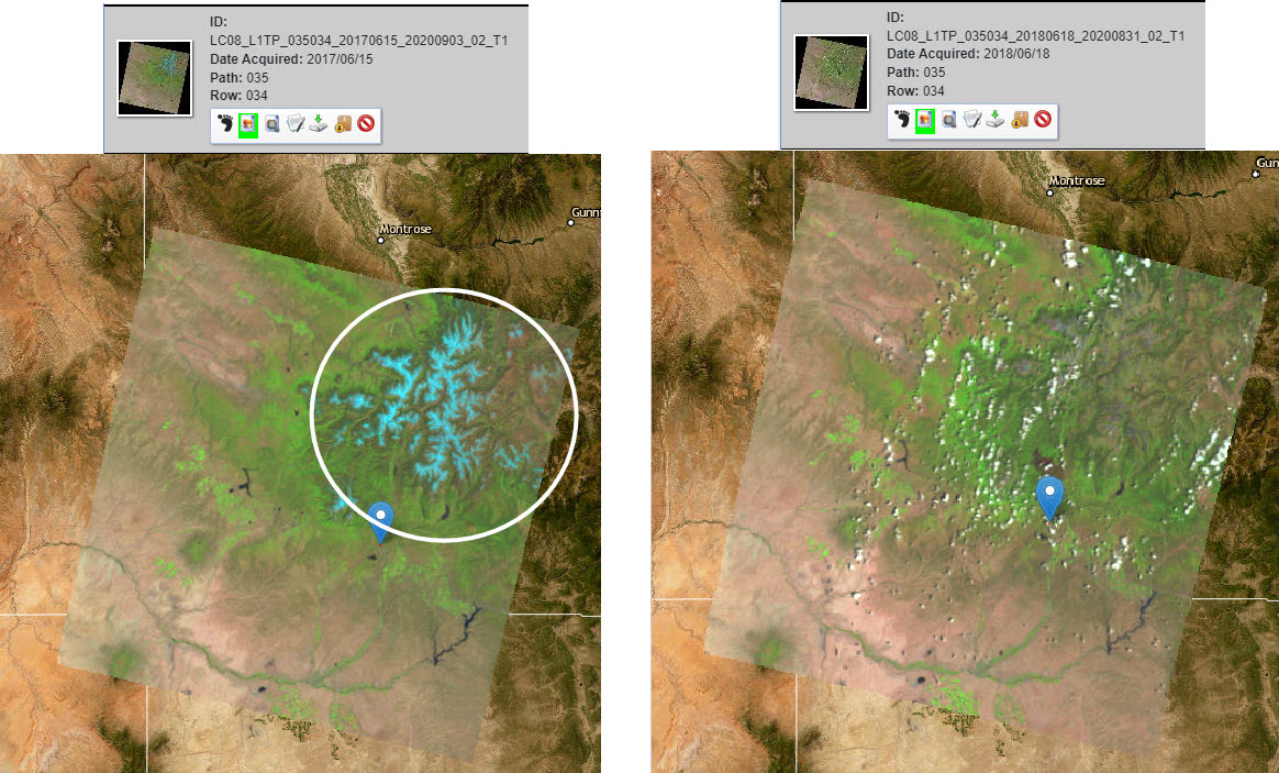 Screenshot showing the difference in snowpack between the June 15, 2017 image (left) and the June 18, 2017 image (right) as captured by Landsat 8 as viewed in the USGS’s Earth Explorer.