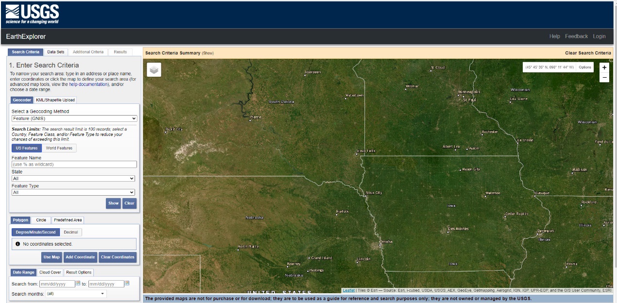 Screenshot of the USGS Earth Explorer landing page.