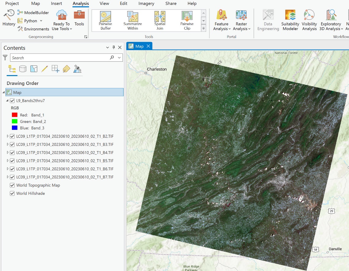 Screenshot of a composite Landsat 9 image in the map display.