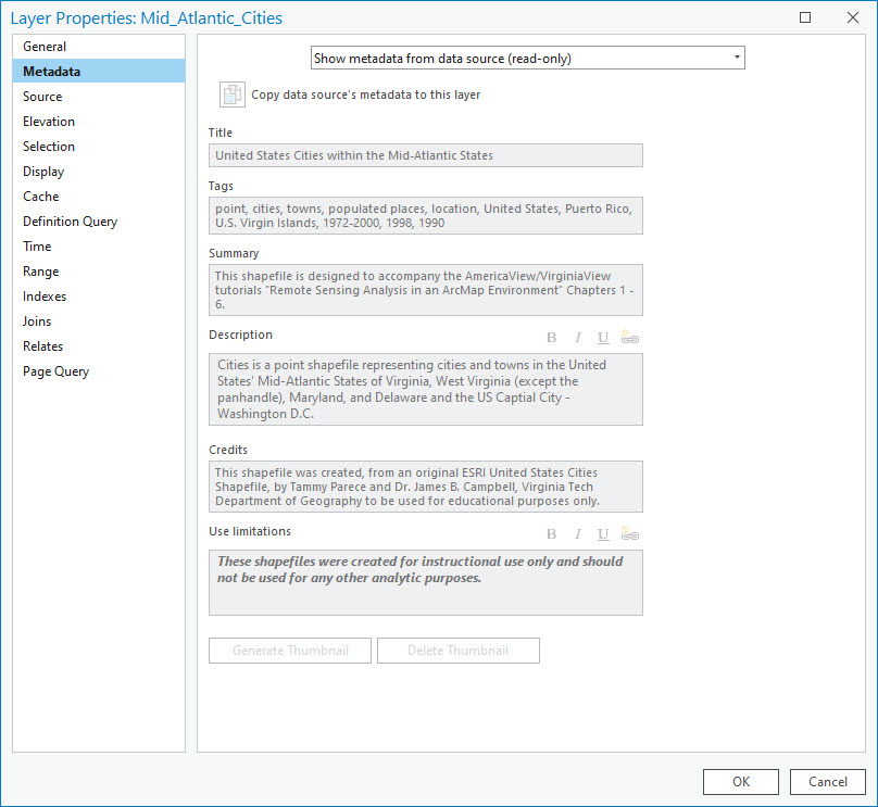 Image showing a screenshot of layer properties: metadata.