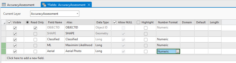 Screenshot of adding new fields to the attribute table.
