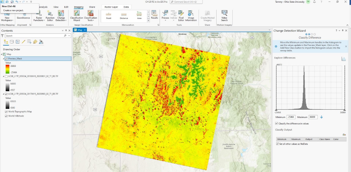 Screenshot of image, histogram, and statistics for the new image.