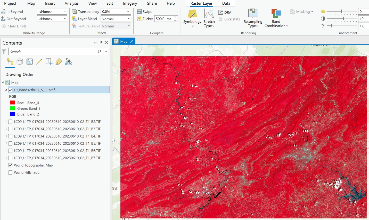 Screenshot of displaying a Landsat 9 image in color infrared.