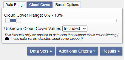 Screenshot of setting the cloud cover range threshold to 10 percent.