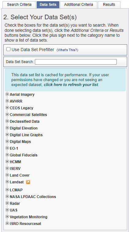 Screenshot of selecting data sets in Earth Explorer.