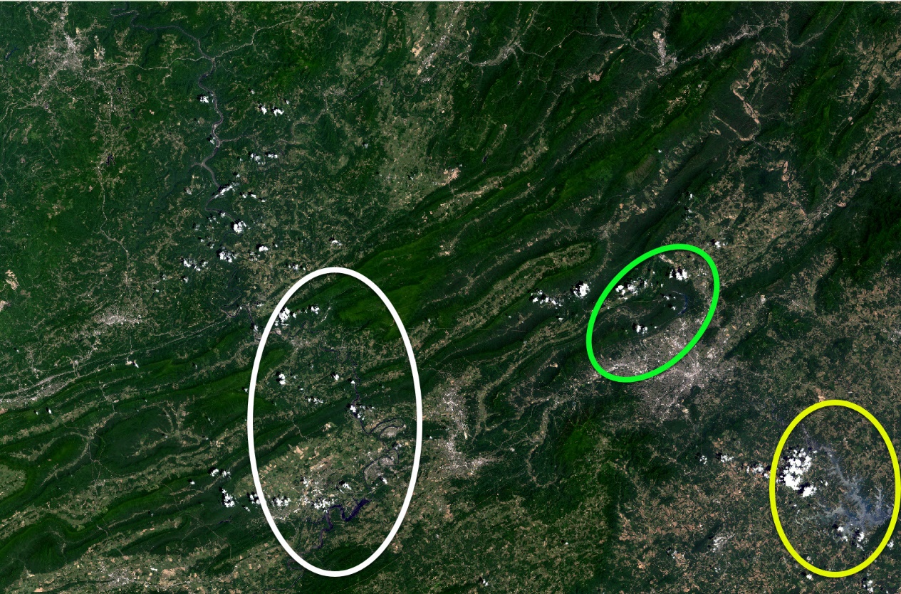 Screenshot of true color Landsat scene with highlighted regions for comparison.