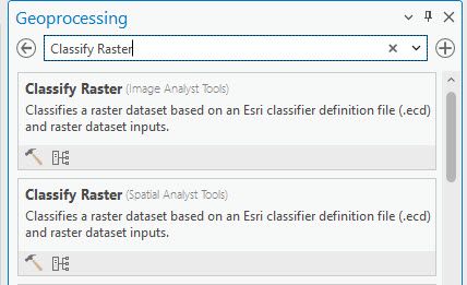 Screenshot of searching for the classify raster tool.