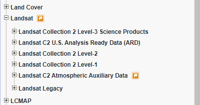 Screenshot of narrowing the search to Landsat data collections.