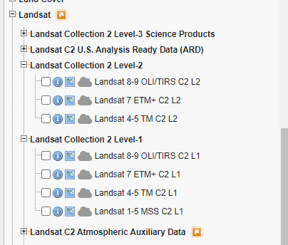 Screenshot of expanding Landsat collection options.