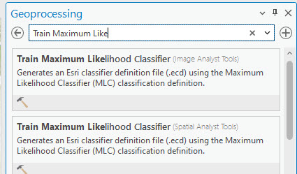 Screenshot of searching for the Train Maximum Likelihood Classifier tool.