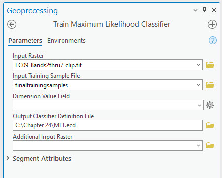 Screenshot of the Train Maximum Likelihood Classifier tool.