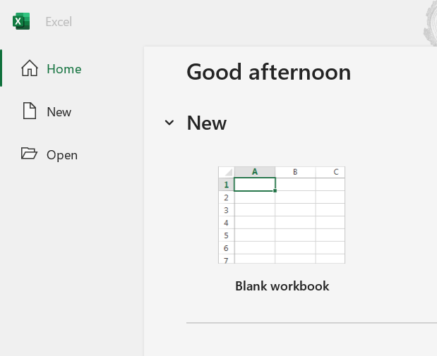 Screenshot of opening Excel page.