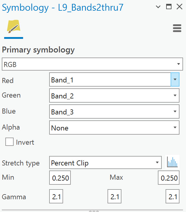 Screenshot of assigning symbology to individual bands.