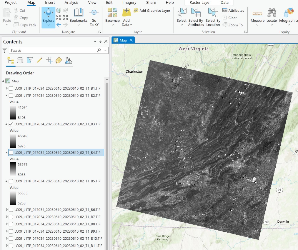 Screenshot of Landsat image in the map display.