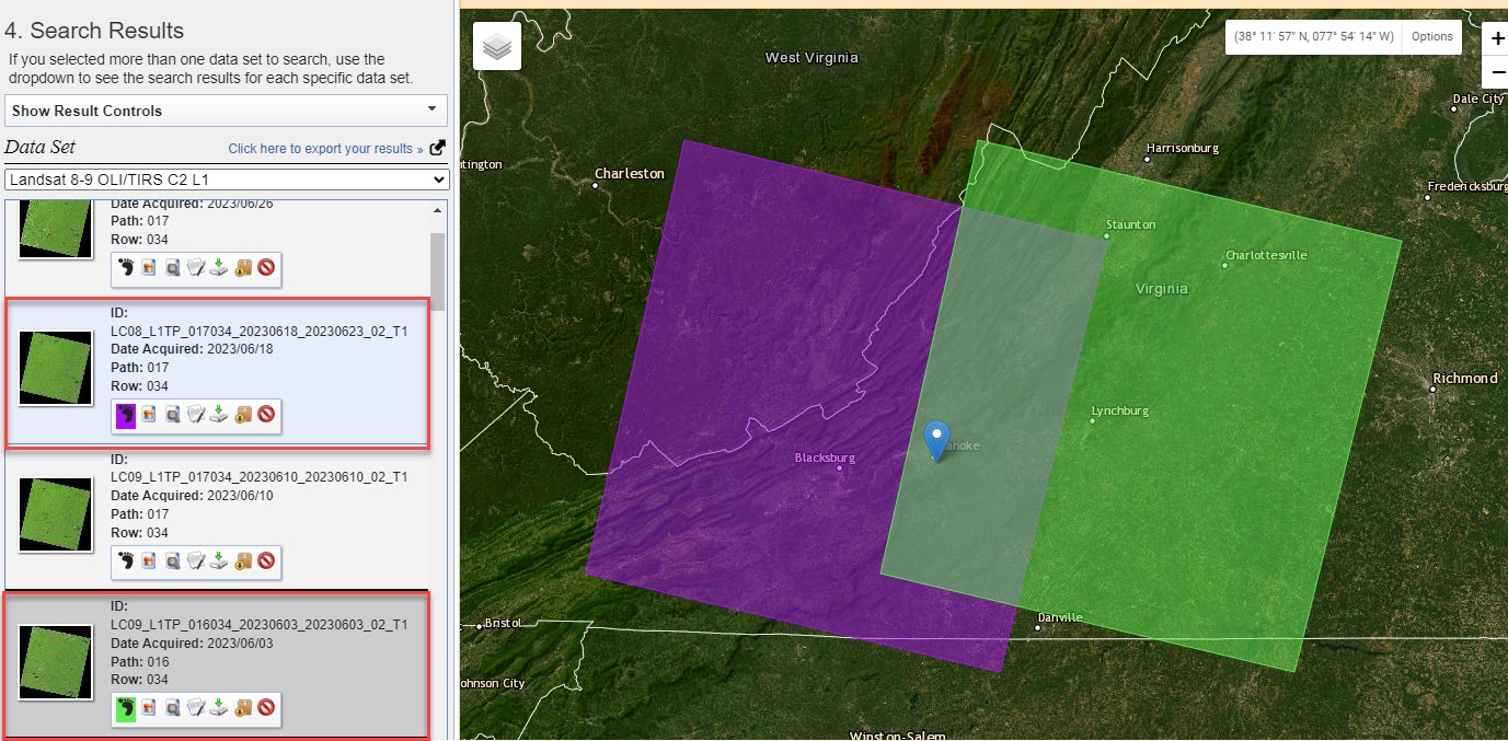 Screenshot of landsat image footprint results.