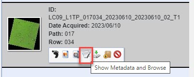 Screenshot of accessing metadata in Earth Explorer.