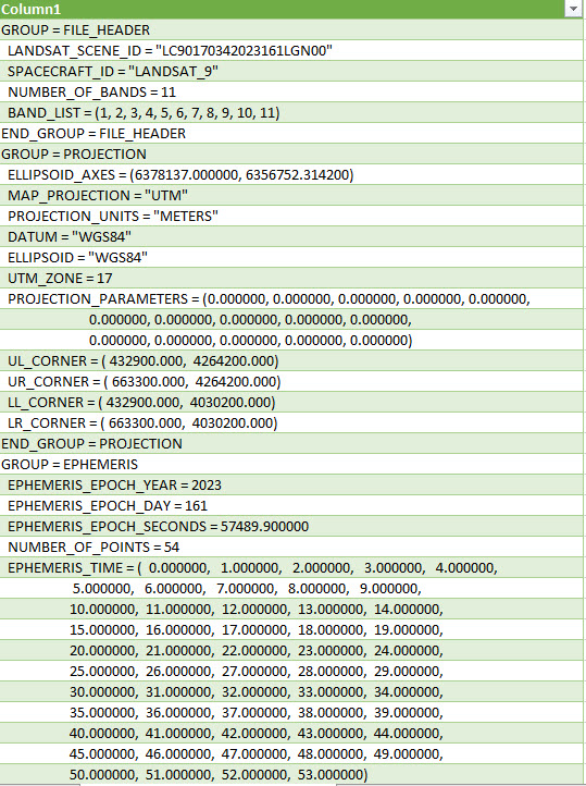 Screenshot of the metadata file in Excel.