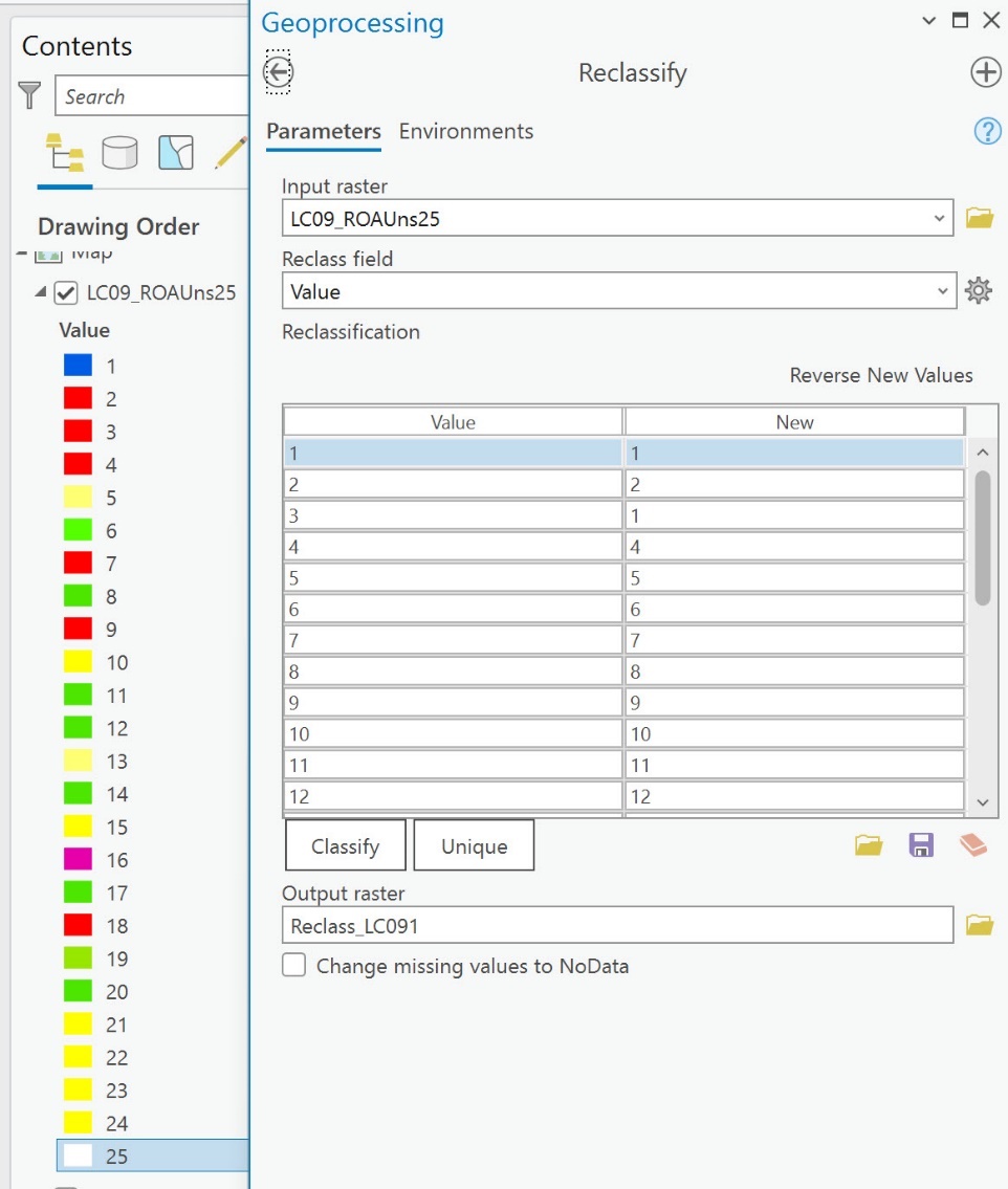 Screenshot of the reclassification table.