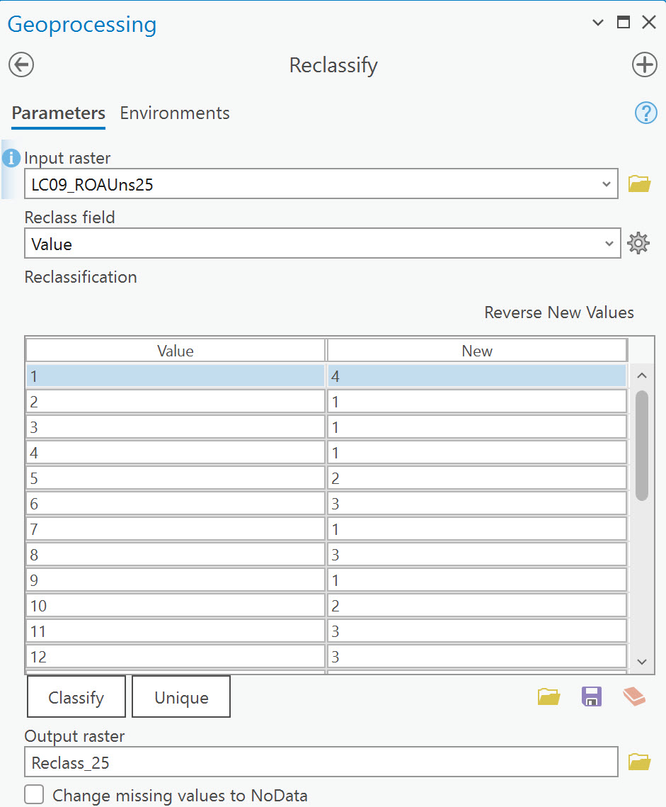 Screenshot of the Reclassify tool.