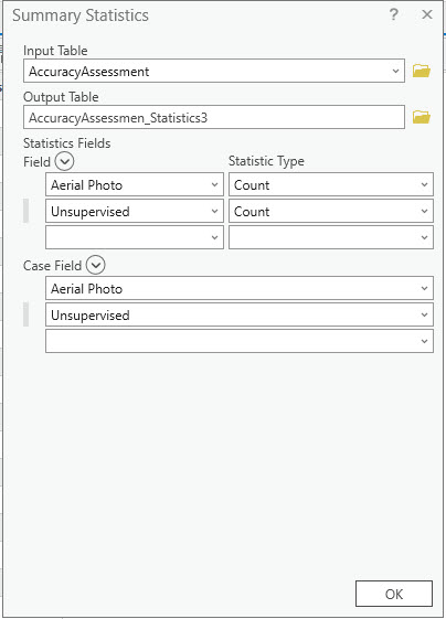 Screenshot of the Summary Statistics tool for the unsupervised image.