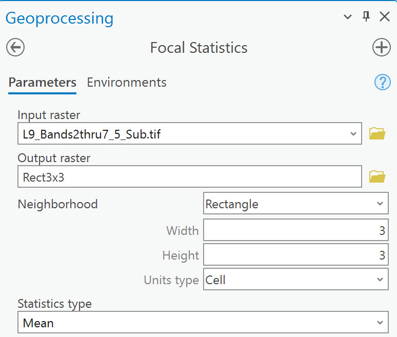 Screenshot of running the Focal statistics tool.