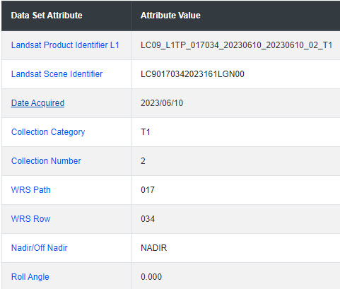 Screenshot of metadata in Earth Explorer.